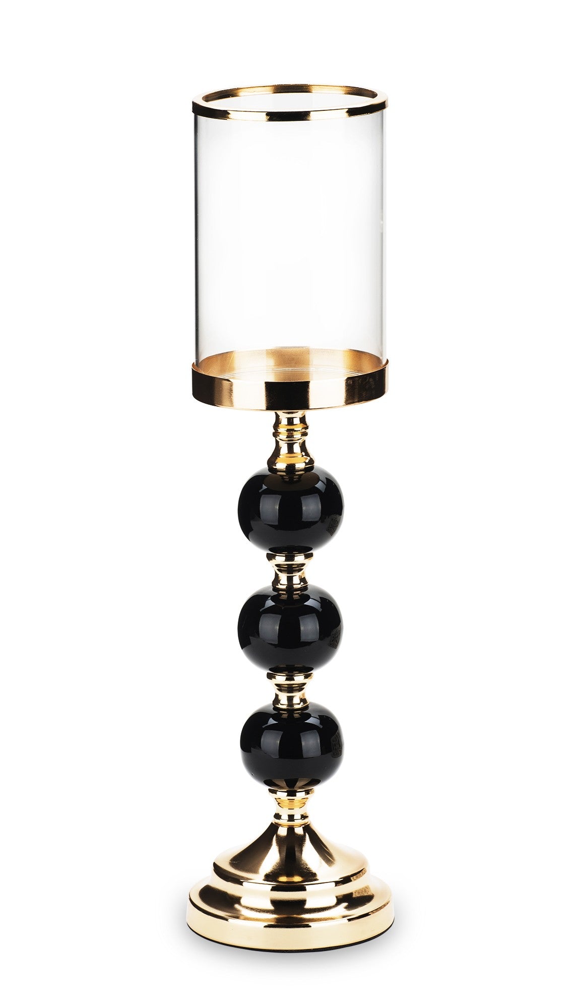 Sfeșnic din metal și sticlă, auriu cu trei bile negre, 44x11x11 cm, cu design elegant și modern, perfect pentru a adăuga stil și rafinament decorului casei, un obiect decorativ potrivit pentru living sau ocazii speciale.