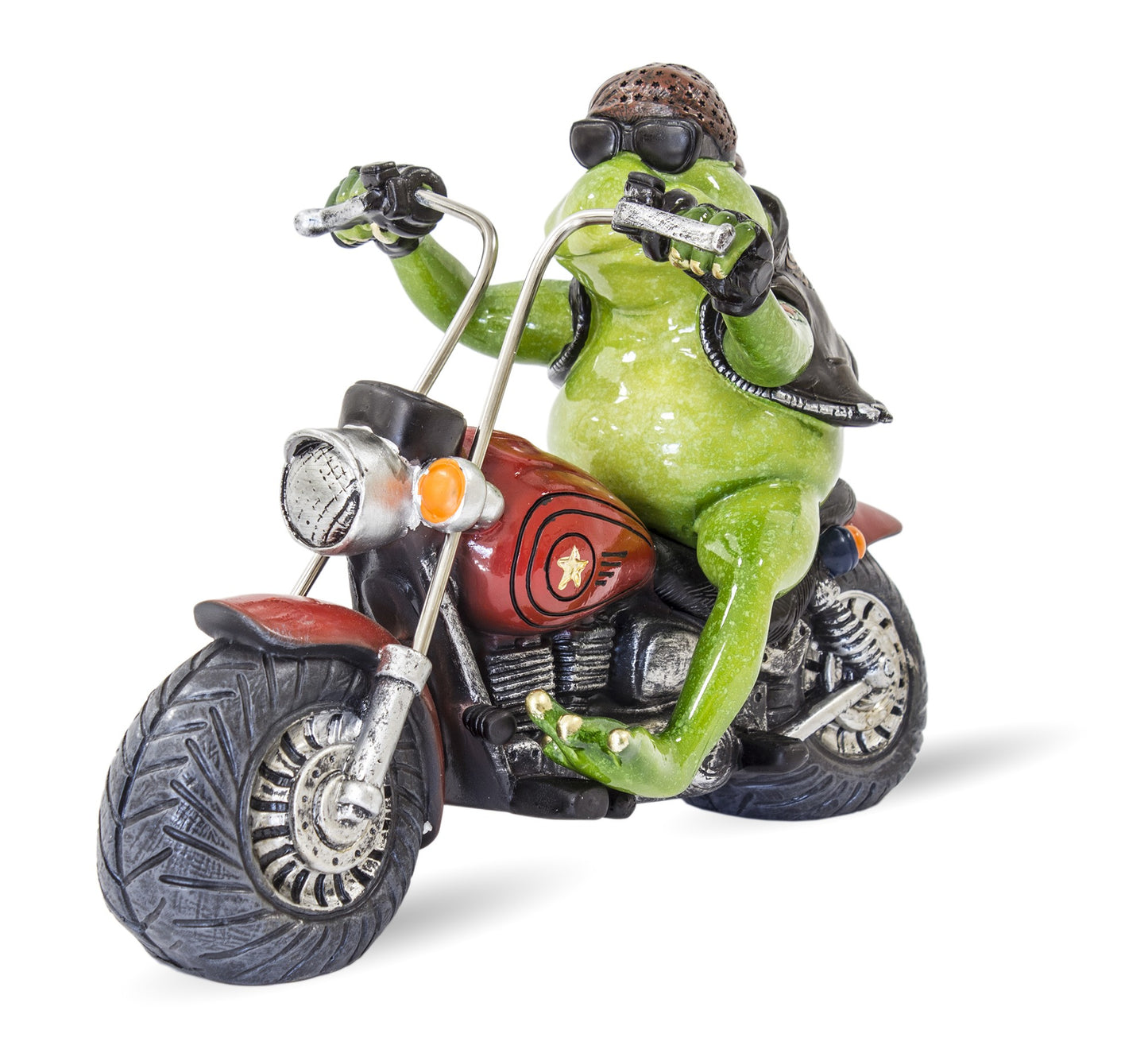 Figurina broască pe chopper din rășină, dimensiuni 19x24x13,5 cm. Unică și interesantă, perfectă pentru decor sau cadou.
