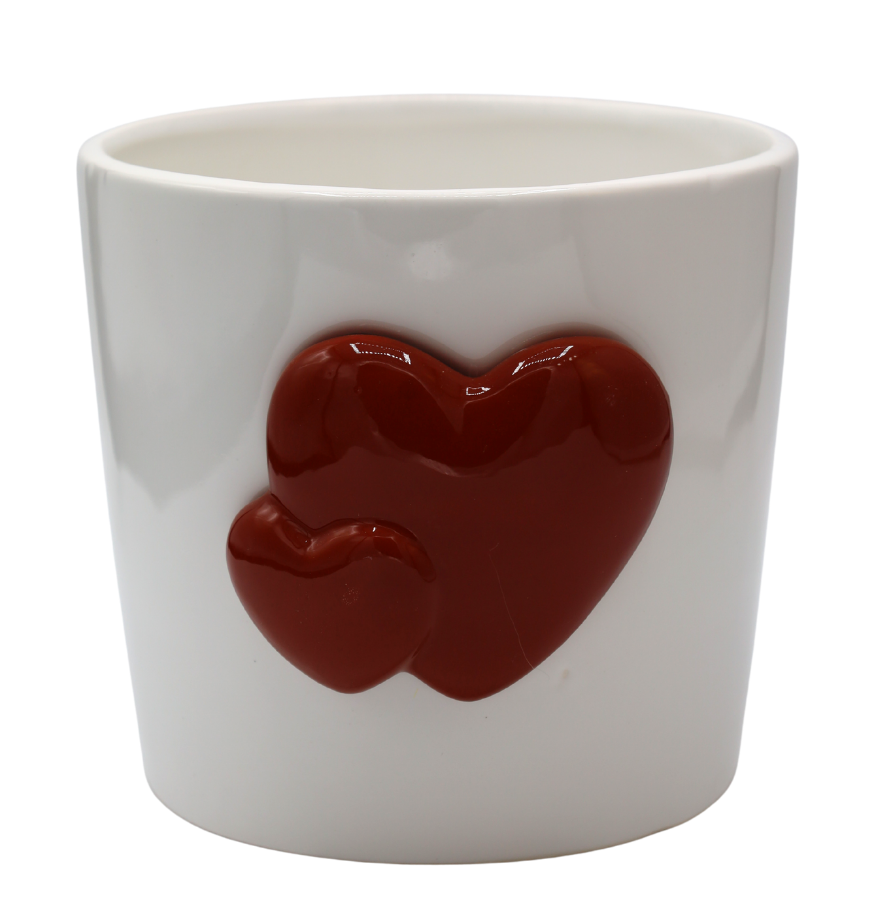 Ghiveci suport ceramică cu inimi roșii 18,5x17x15,5 cm, decor romantic pentru plante