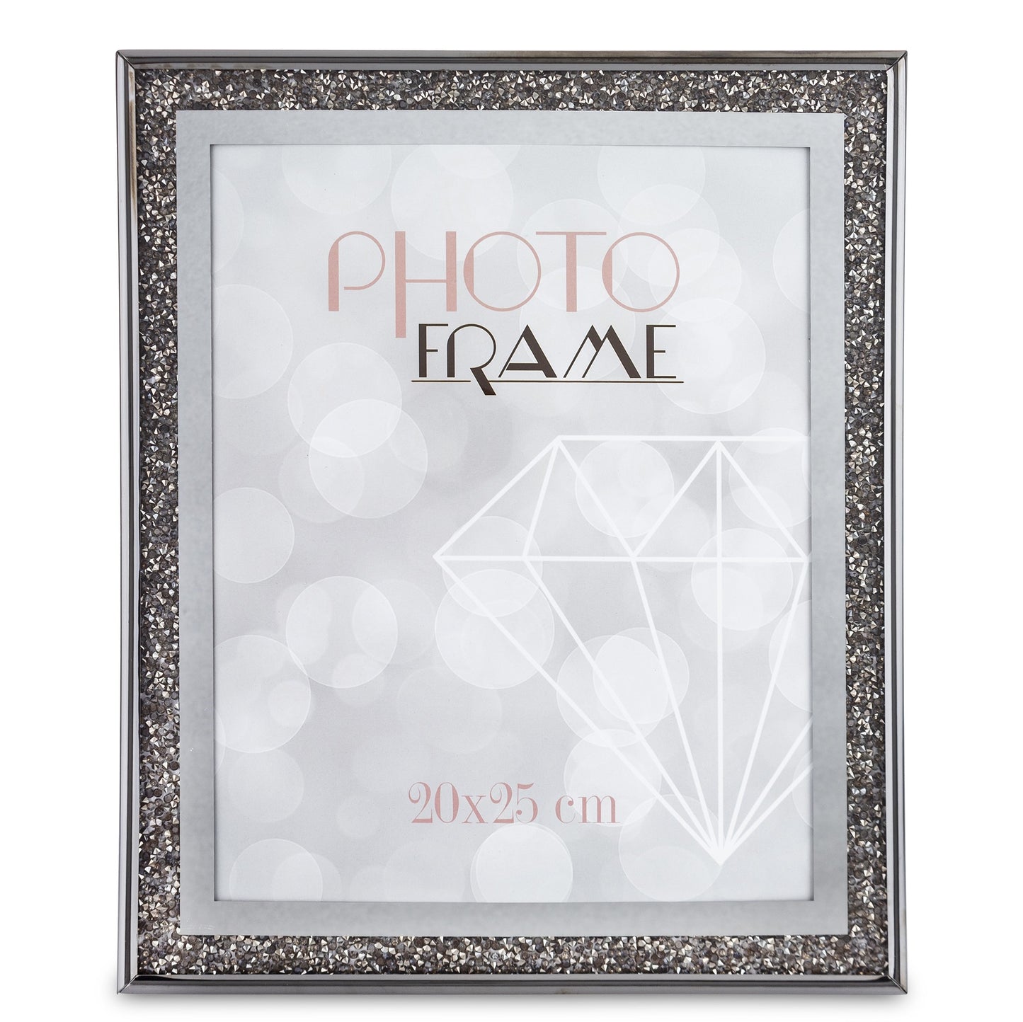 Ramă foto argintie cu diamante 31x26x2,5-15 cm, din sticlă și metal, design rafinat.