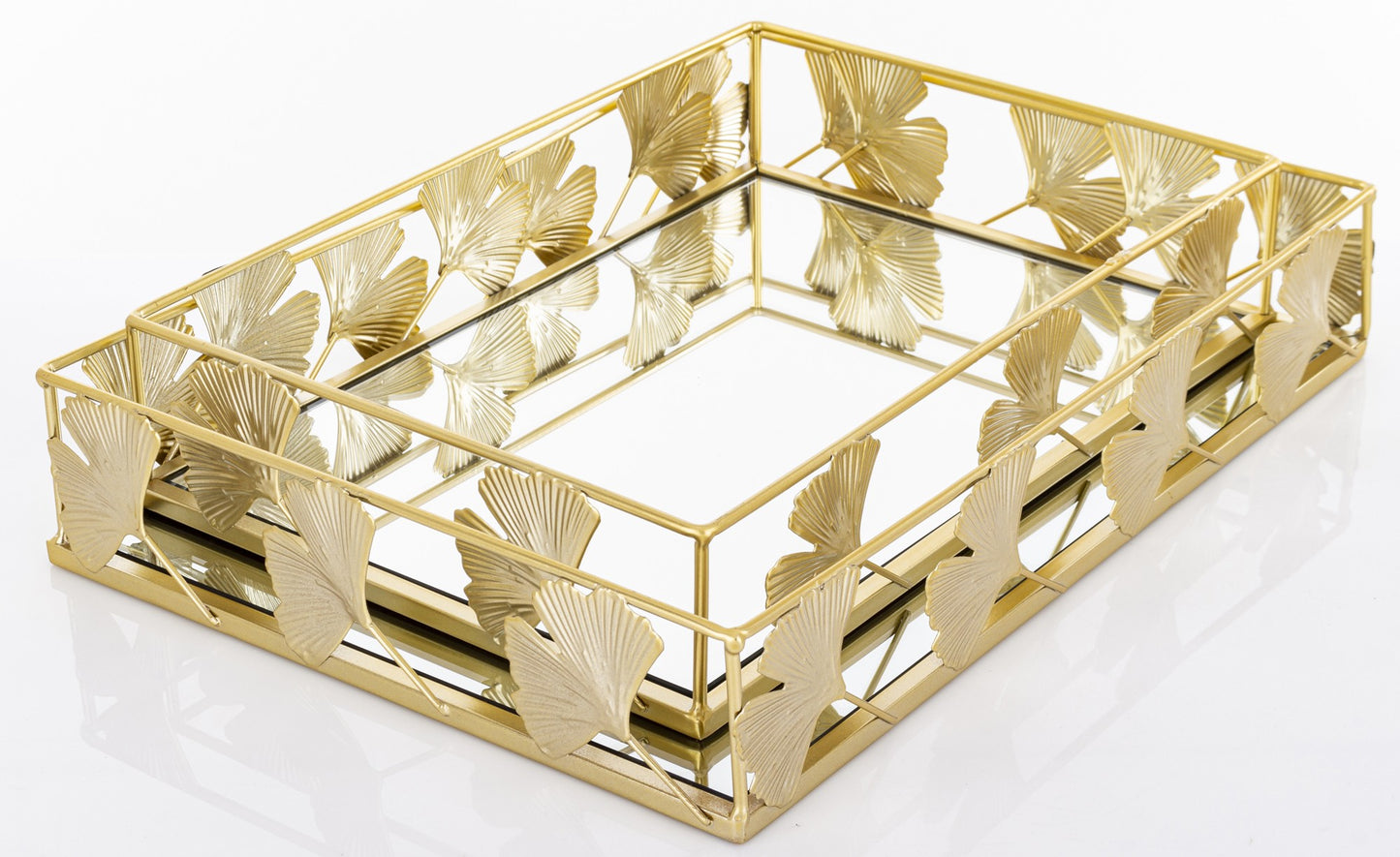 Tavă aurie ginko oglindă mică 34x24x7 cm – decor elegant