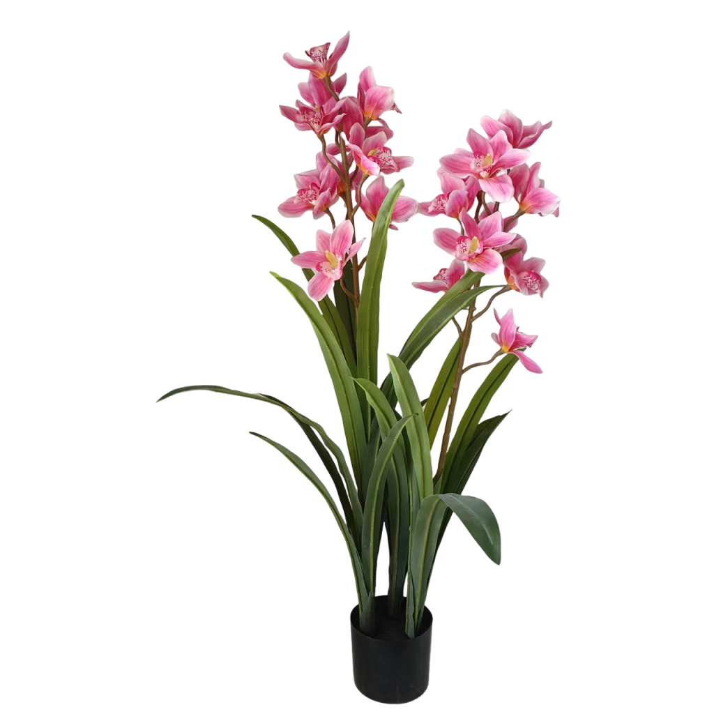 Cymbidium artificial roz în ghiveci înalt, ideal pentru decor romantic, feminin și elegant. Este perfect pentru living, dormitor sau spații decorative rafinate. Oferă un aspect luxos fără întreținere.