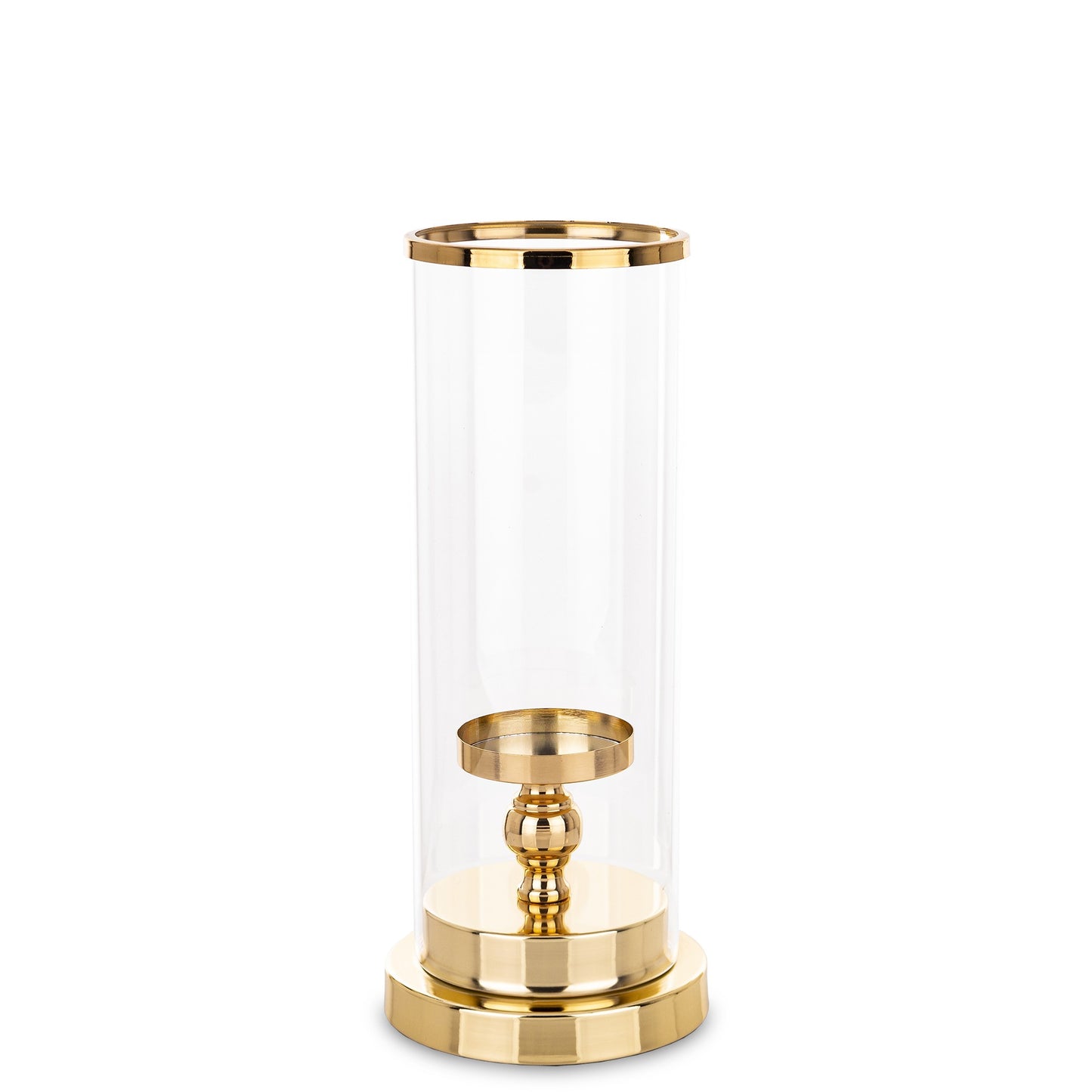 Sfeșnic auriu mic 19,5x12x12 cm, metal și sticlă, pentru un decor elegant și atrăgător.