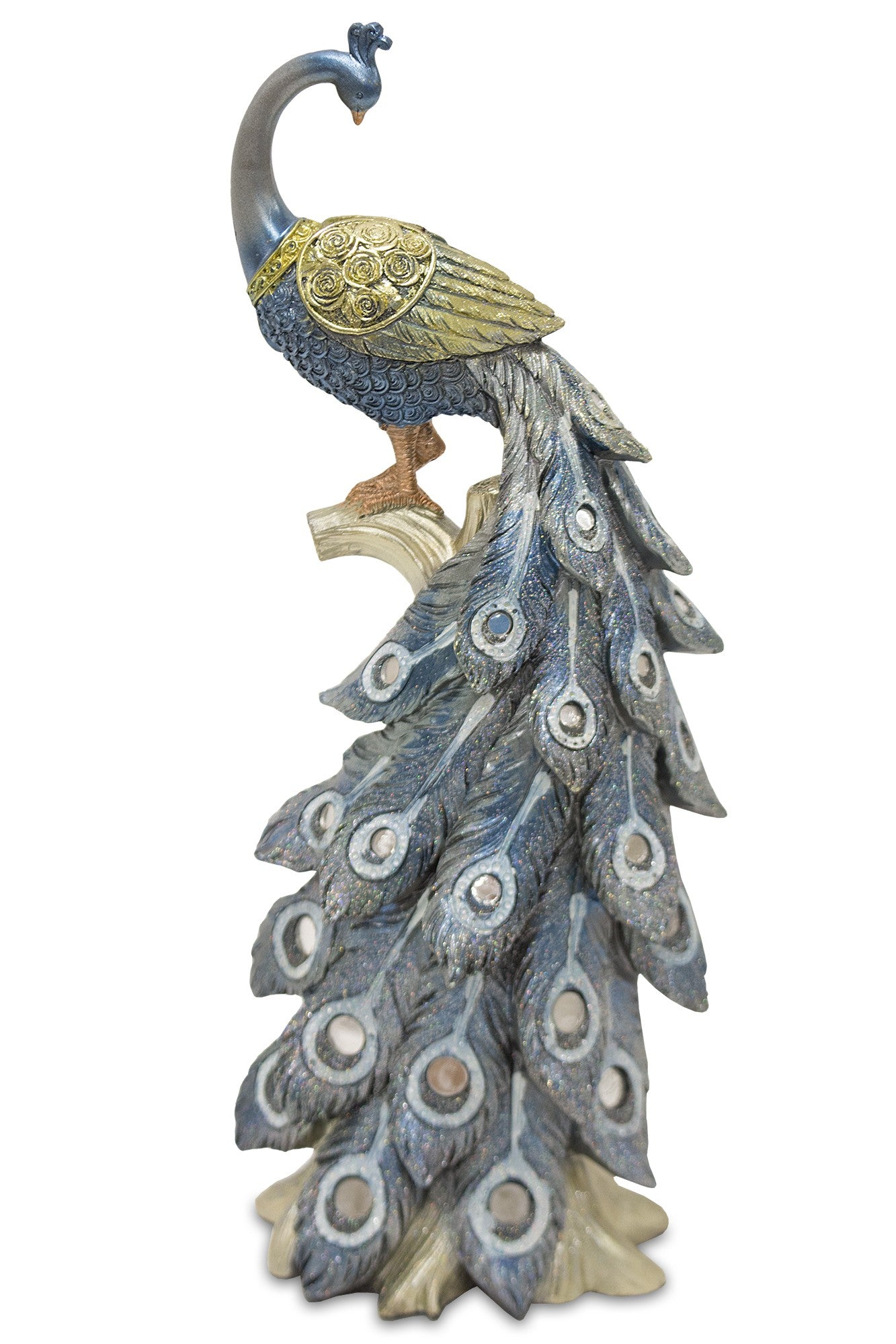 Figurină păun cu oglinzi din rășină, dimensiuni 32x12,5x10 cm, perfectă pentru cadouri strălucitoare și decor acasă.