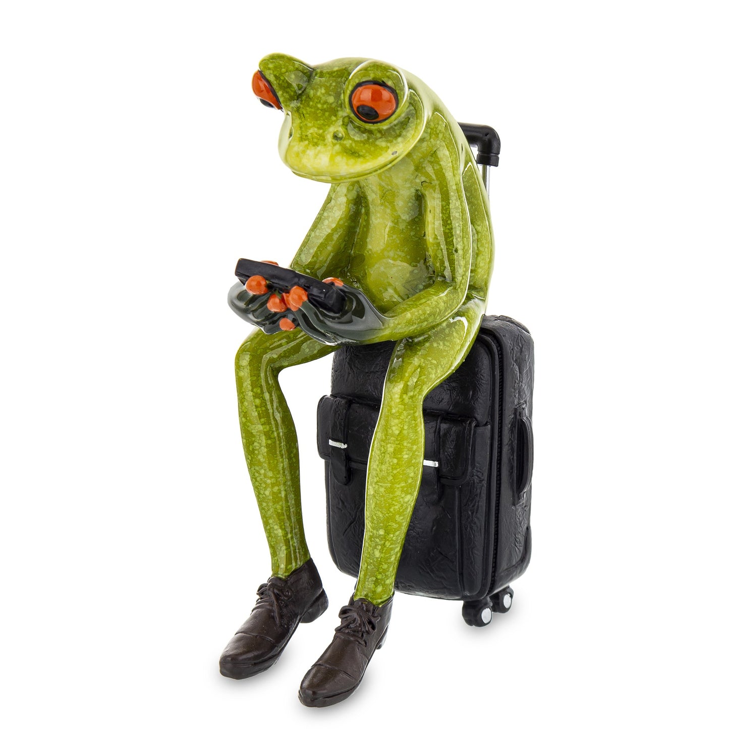 Figurină broască pe valiză cu telefon 13.5x5.5x8 cm.