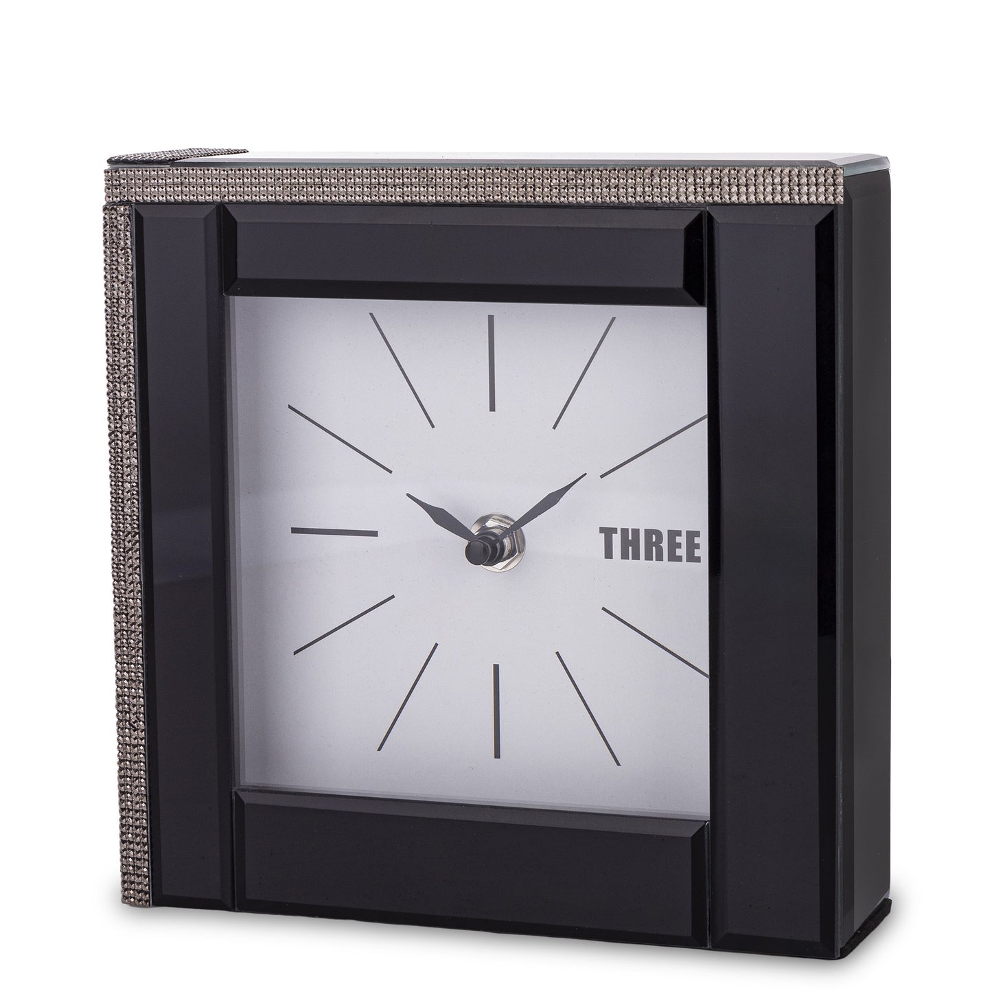 Ceas sticlă negru 18 cm, accesoriu decorativ modern pentru casă sau birou.