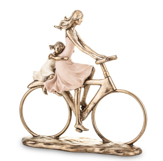 Figurină mama cu fetița pe bicicletă din rășină, dimensiuni 25x24x7 cm, ideală pentru decor și cadouri speciale.
