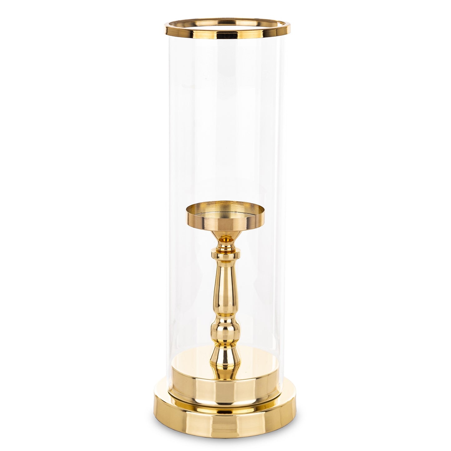Sfeșnic decorativ auriu 41 cm, din metal și sticlă, ornament elegant pentru casă, birou sau decor festiv.
