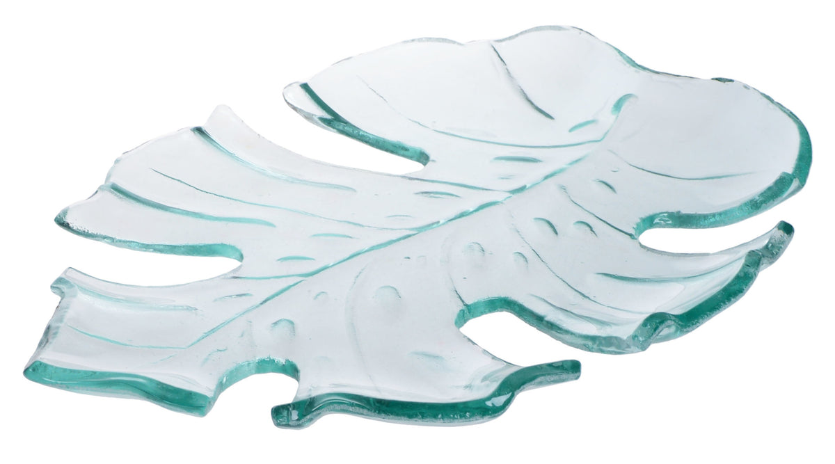 Tavă monstera de sticlă transparentă, obiect decorativ pentru masă, consolă și decor, prezentat ca accent pentru locuință
