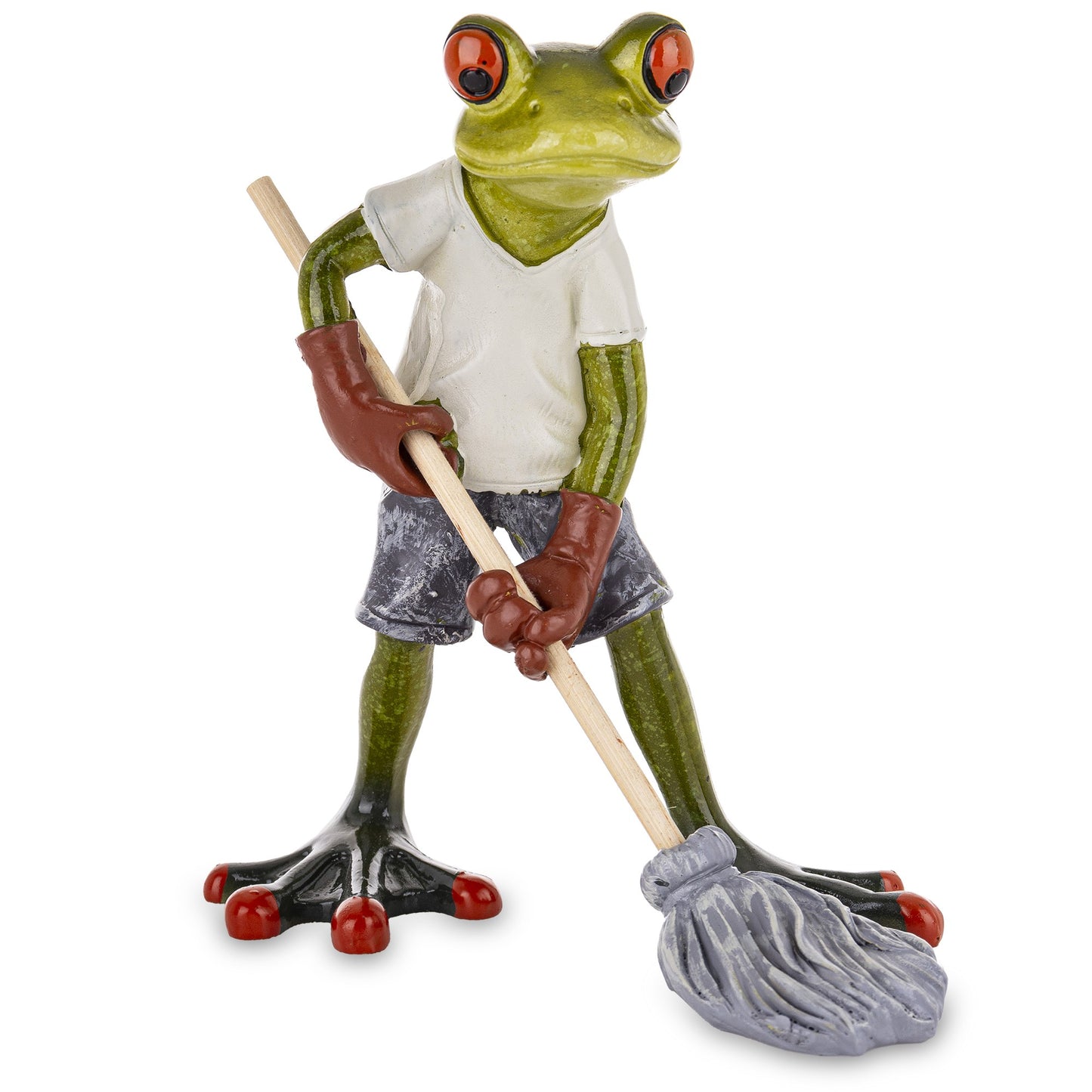 Figurina broască cu mop 14x13x12,5 cm, decor amuzant și cadou simpatic