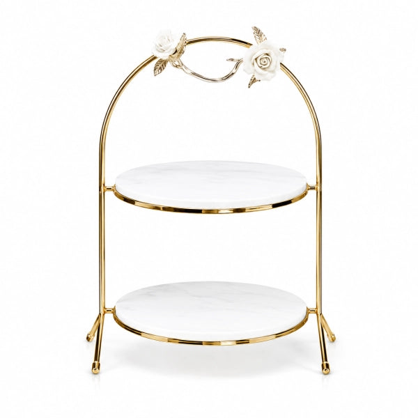Platou auriu din marmură cu trandafiri 2 etaje, obiect decorativ pentru masă, consolă și decor, prezentat ca accent pentru locuință