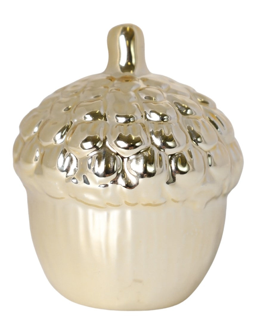 Bombonieră ghindă negru cu auriu, dimensiuni 12x12x15 cm, perfectă pentru stocarea dulciurilor sau ca piesă decorativă elegantă în casa ta.
