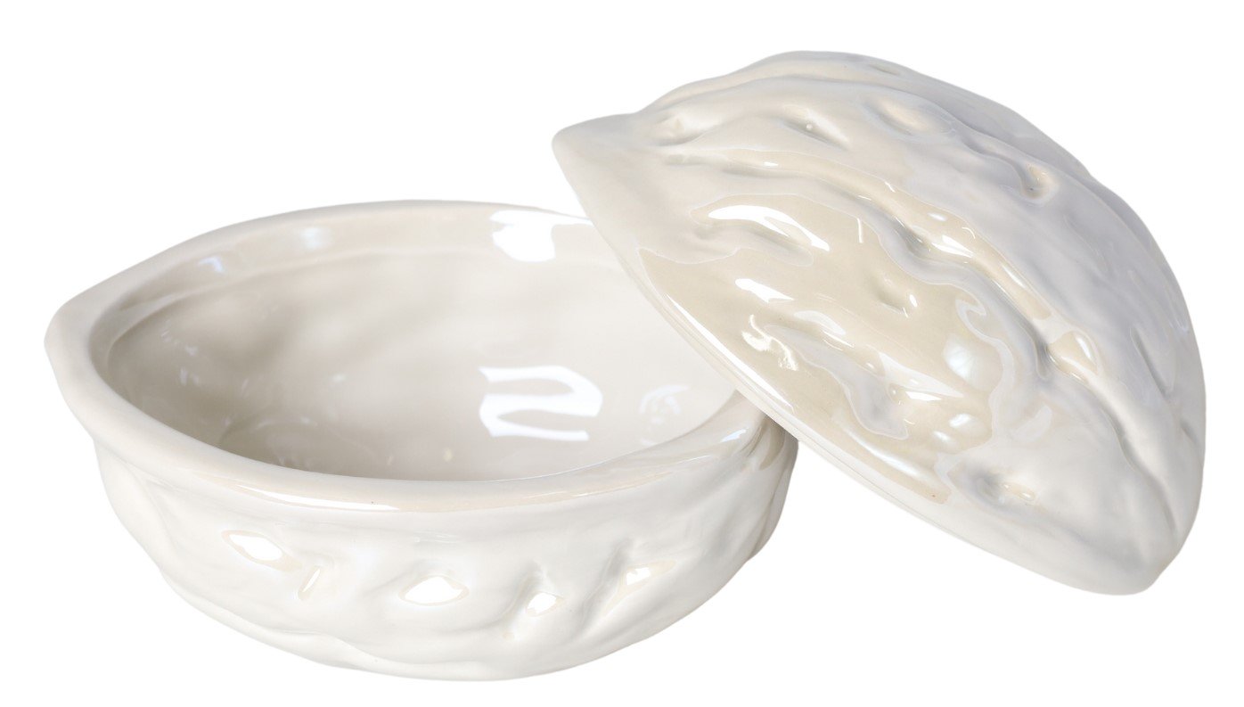 Bombonieră ceramică nucă mică alb perlat
