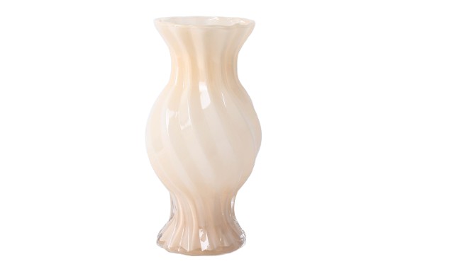 Vază decorativă din sticlă spiralată roz pastel, o piesă modernă și artistică ce adaugă mișcare și fluiditate în decor. Este ideală pentru interioare contemporane unde designul este important. Perfectă pentru flori simple sau ca obiect decorativ de sine stătător.