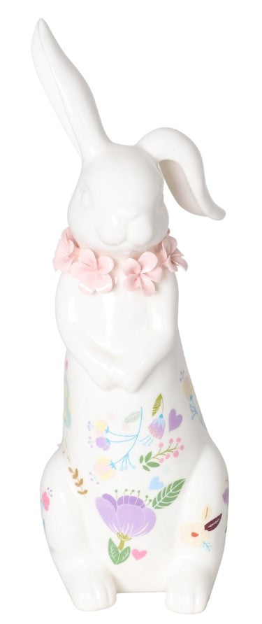 Iepure alb ceramică cu flori, 12x13x38 cm, decor floral și cadou.