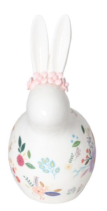 Iepure alb ceramică cu flori, 12x13x38 cm, decor floral și cadou.