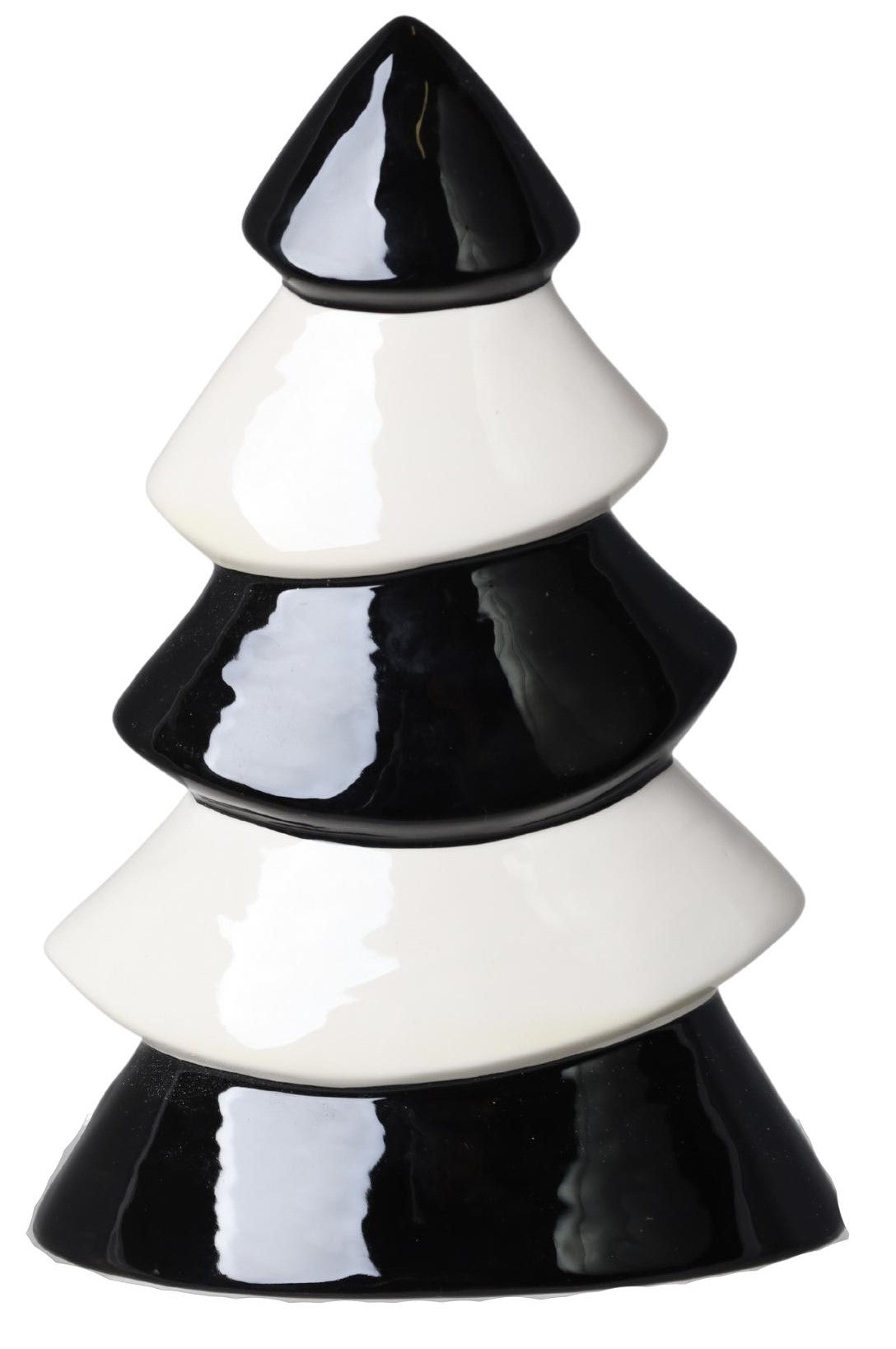 Brad decorativ de Crăciun realizat din ceramică în nuanțe elegante de alb și negru, ideal pentru decoruri moderne și sofisticate de sărbători. Designul său minimalist și contrastul cromatic oferă un aspect premium și contemporan care completează perfect livingul, biroul sau mesele festive. Este ideal pentru persoanele care preferă decorurile elegante și moderne de Crăciun și poate fi oferit cadou pentru familie, colegi sau iubitori de design interior contemporan.