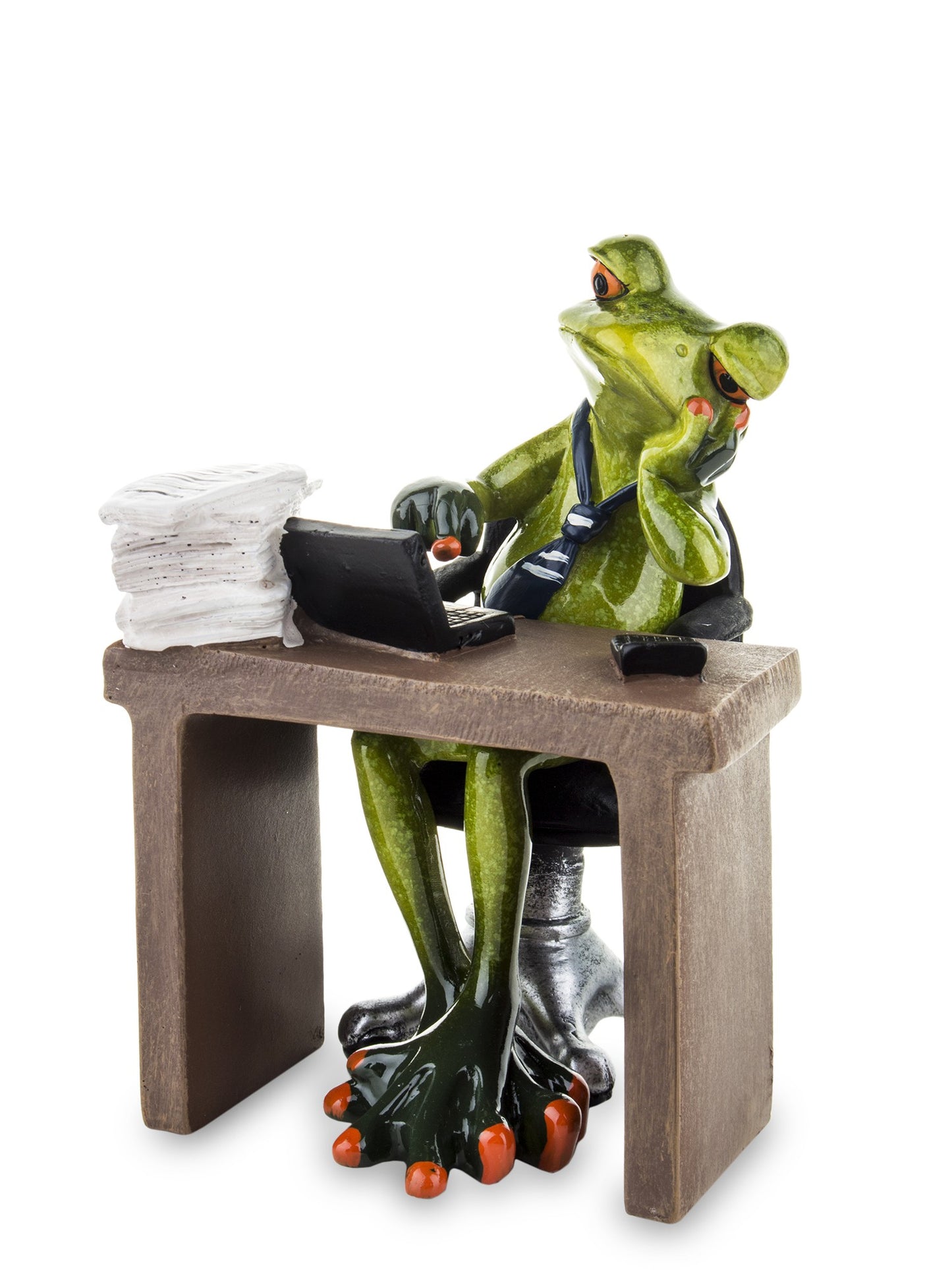 Figurină broască plictisită la birou din rășină, 14x10,5x10 cm, perfectă pentru decor de birou sau cadou.