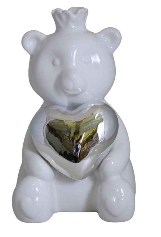 Figurină ursuleț cu inimă aurie mare 8x9x13 cm, cadou adorabil și decorativ.