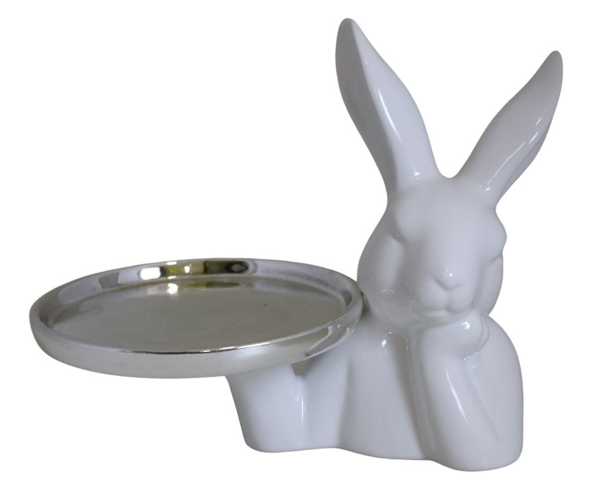 Iepure ceramică cu farfurie alb auriu, 10x10x16 cm, decor elegant și cadou special.