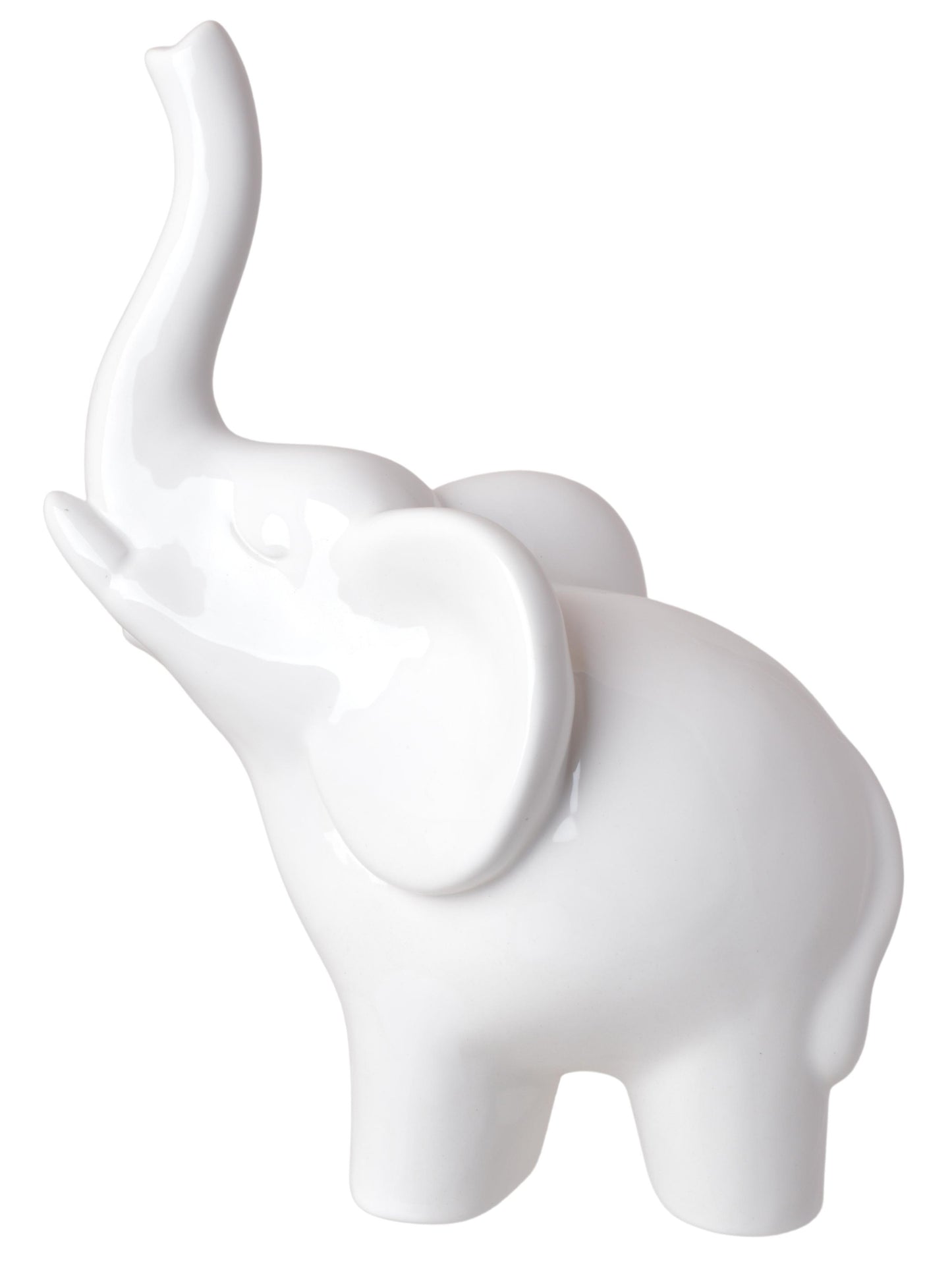 Pușculiță elefant alb cu coroniță argintie, dimensiuni 16x8x12 cm, ideală pentru cadouri și decoruri elegante.