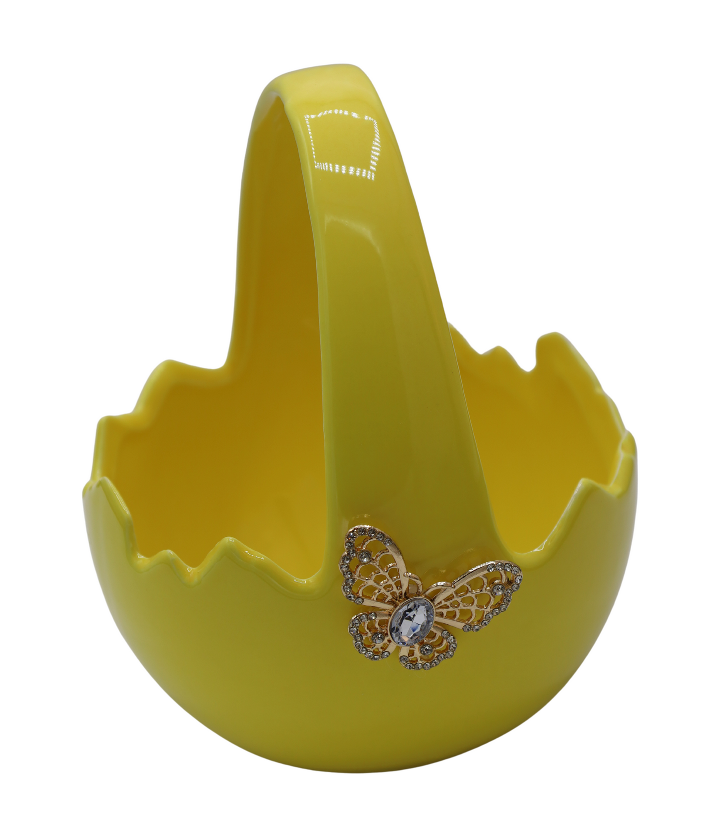 Coș ceramică ou galben mic cu fluture decorativ, ornament de Paște și cadou elegant