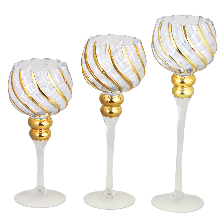 Sfeșnic cupă sticlă auriu mijlociu 40 cm, ornament decorativ luxos pentru casă.