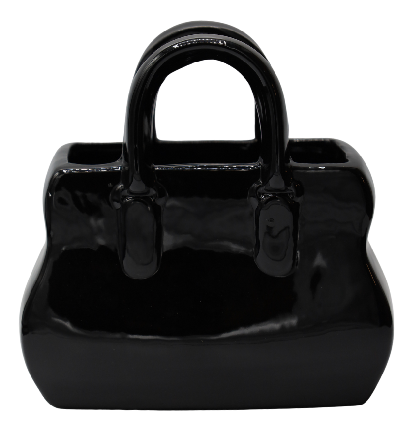 Vază ceramică neagră în formă de poșetă 18,5x11x19,5 cm, cadou și decor elegant, mentha - flori, cadouri și decorațiuni
