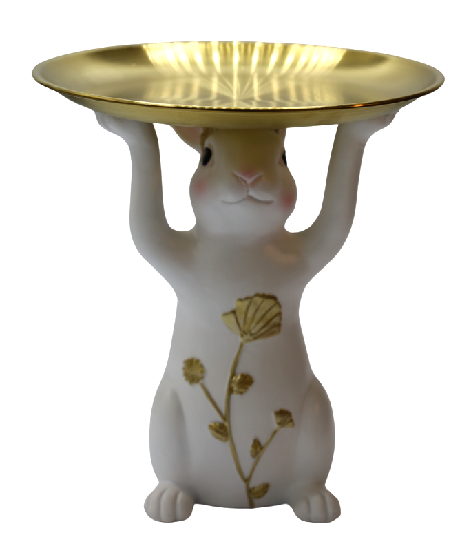 Figurină iepure decorativ cu tavă din alamă, ornament interior și cadou de Paște