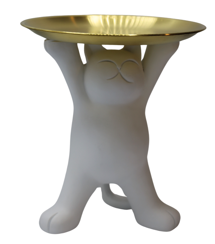 Figurină pisică cu tavă din alamă, ornament decorativ pentru interior și cadou elegant