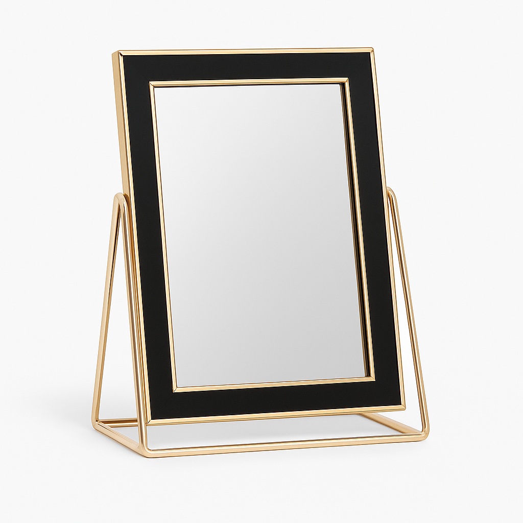 Oglindă birou metalică negru auriu 16,5x22x10 cm, accesoriu elegant pentru machiaj, coafură și decor rafinat pentru casă