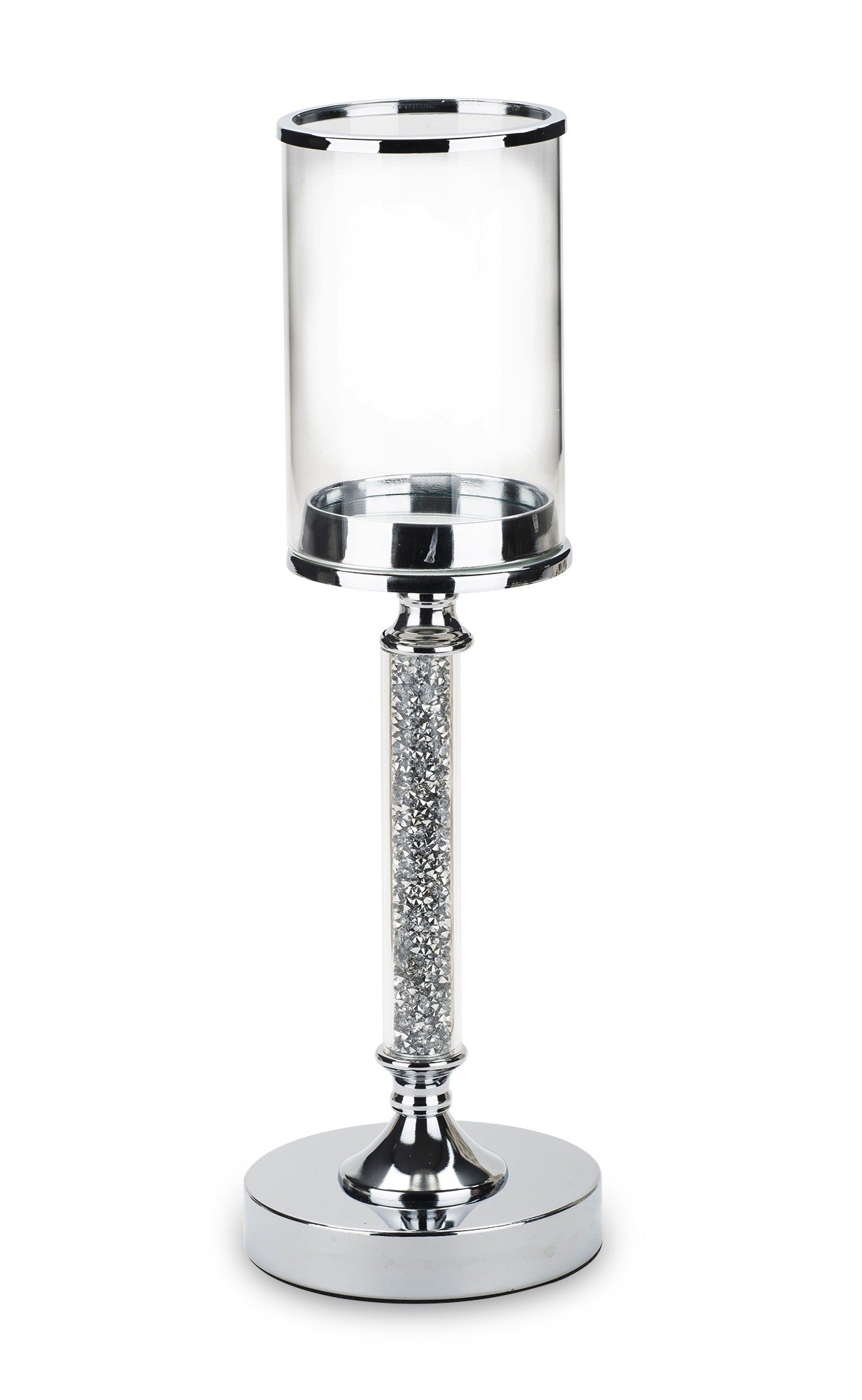 Sfeșnic argintiu cu diamante, 41,5x13x13 cm, metal și sticlă, pentru decor elegant și cadou rafinat.