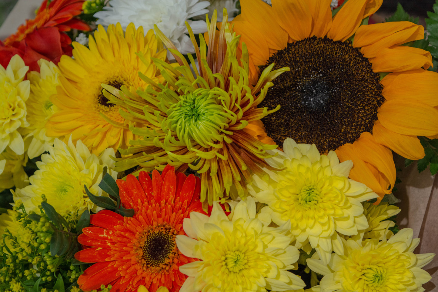 Buchet strălucitor galben cu gerbera și floarea soarelui - livrare gratuită flori în Reșița