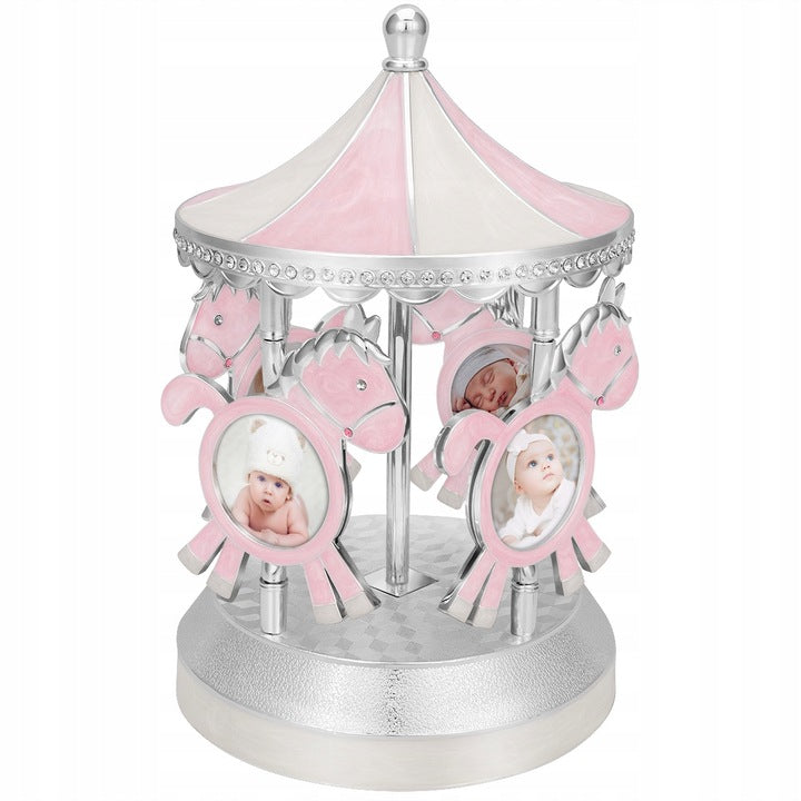 Carusel muzical din alamă roz 13,5x19,5 cm cu suport pentru poze, decor muzical și cadou pentru copii