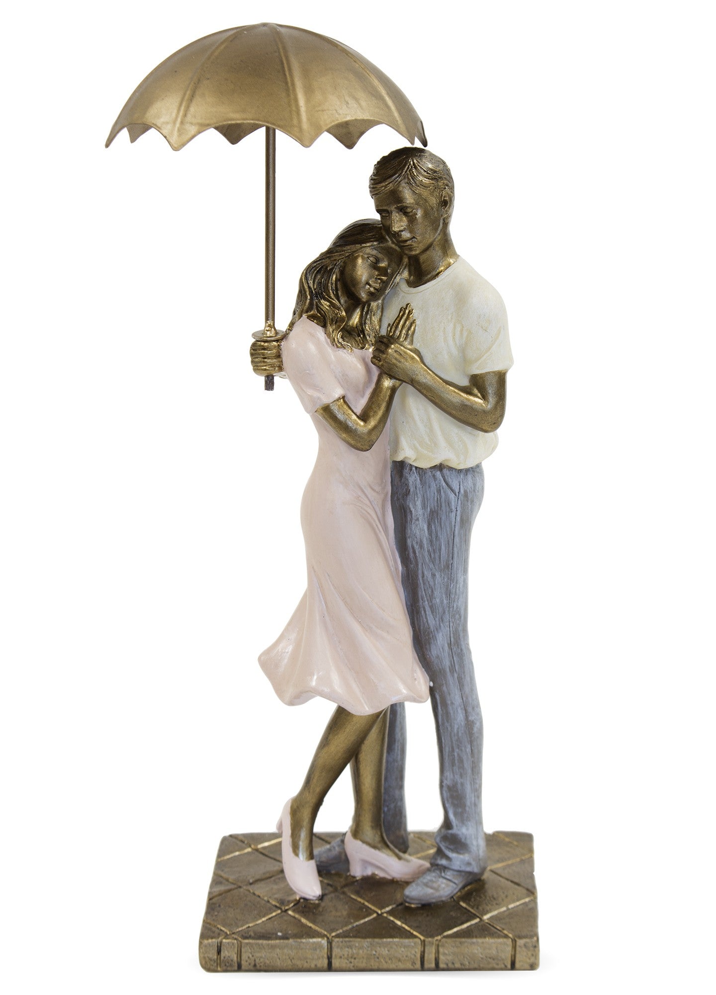 Figurină cuplu cu umbrelă din rășină, cu dimensiuni 28x11x11 cm, perfectă pentru decor și cadouri de cuplu.