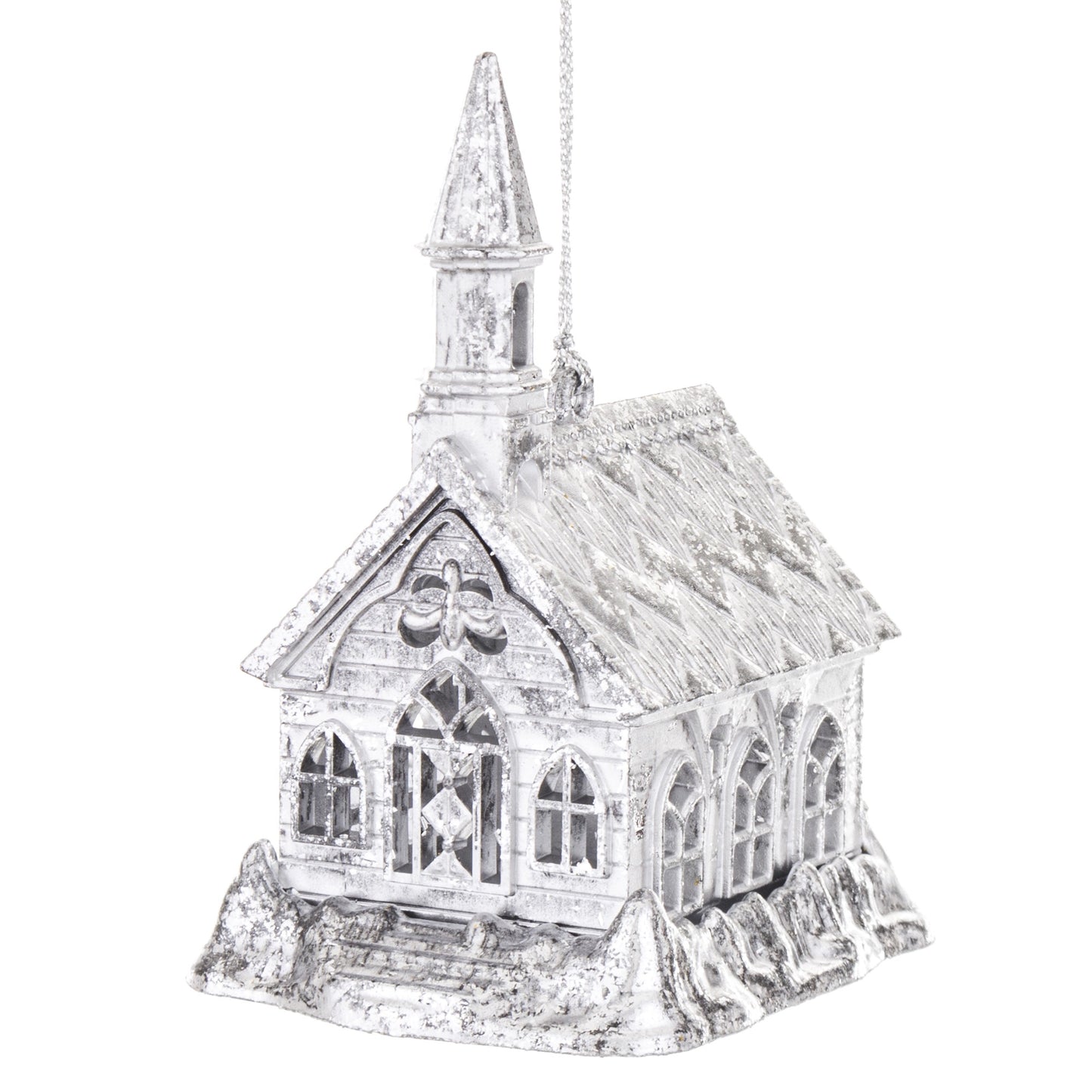 Biserică argintie de agătat (10x7,5x6 cm), decor religios pentru sărbători