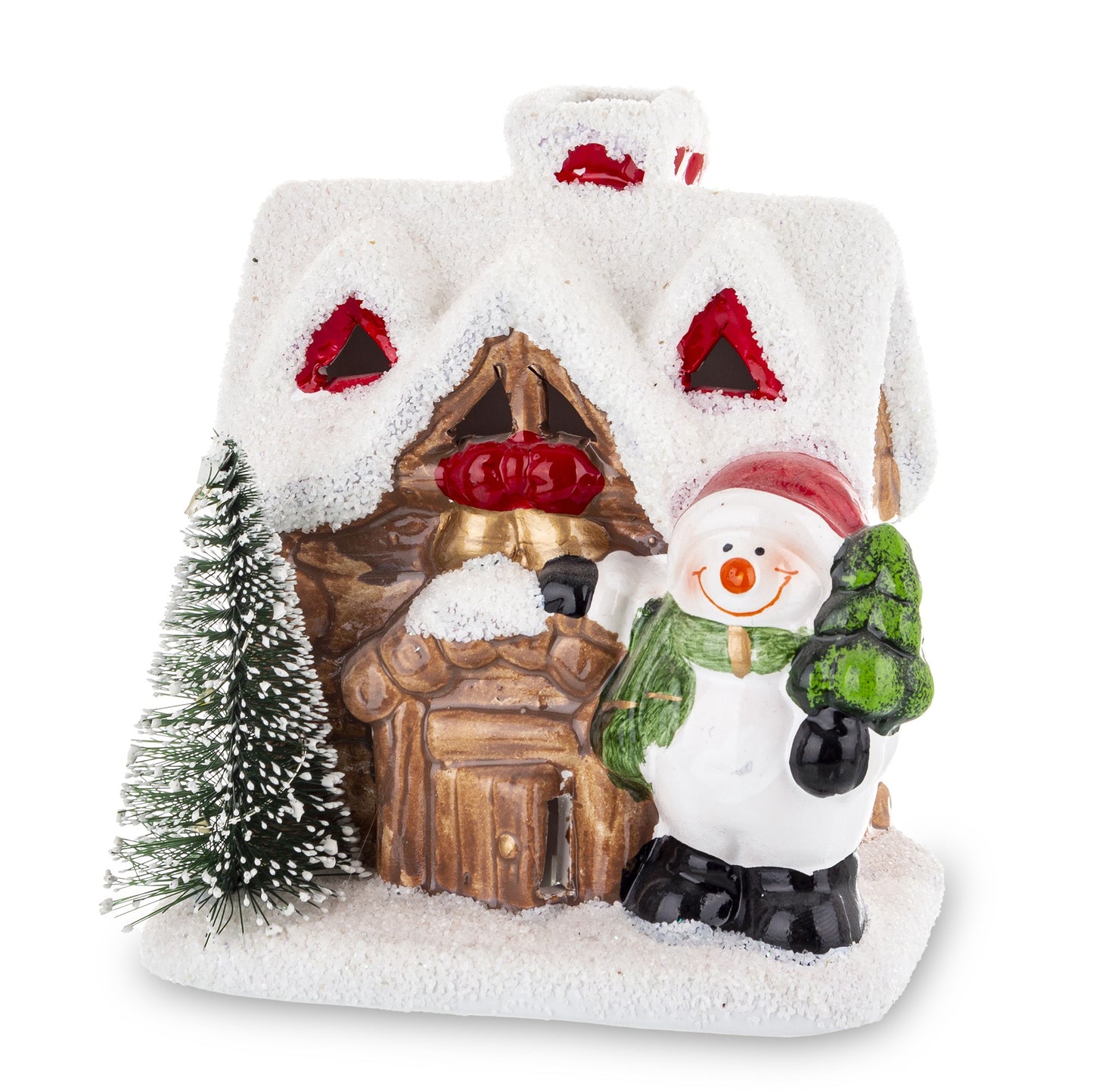 Casă Crăciun ceramică cu LED 12 cm, ornament festiv și luminos pentru decorul de sărbători.