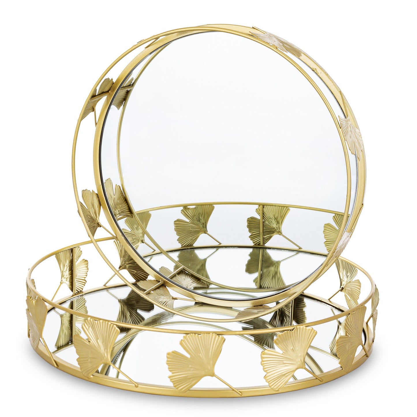 Tavă ginko mică cu oglindă, 33x33x7 cm, din metal și sticlă, cu detalii elegante, ideală pentru decorul mesei sau livingului.
