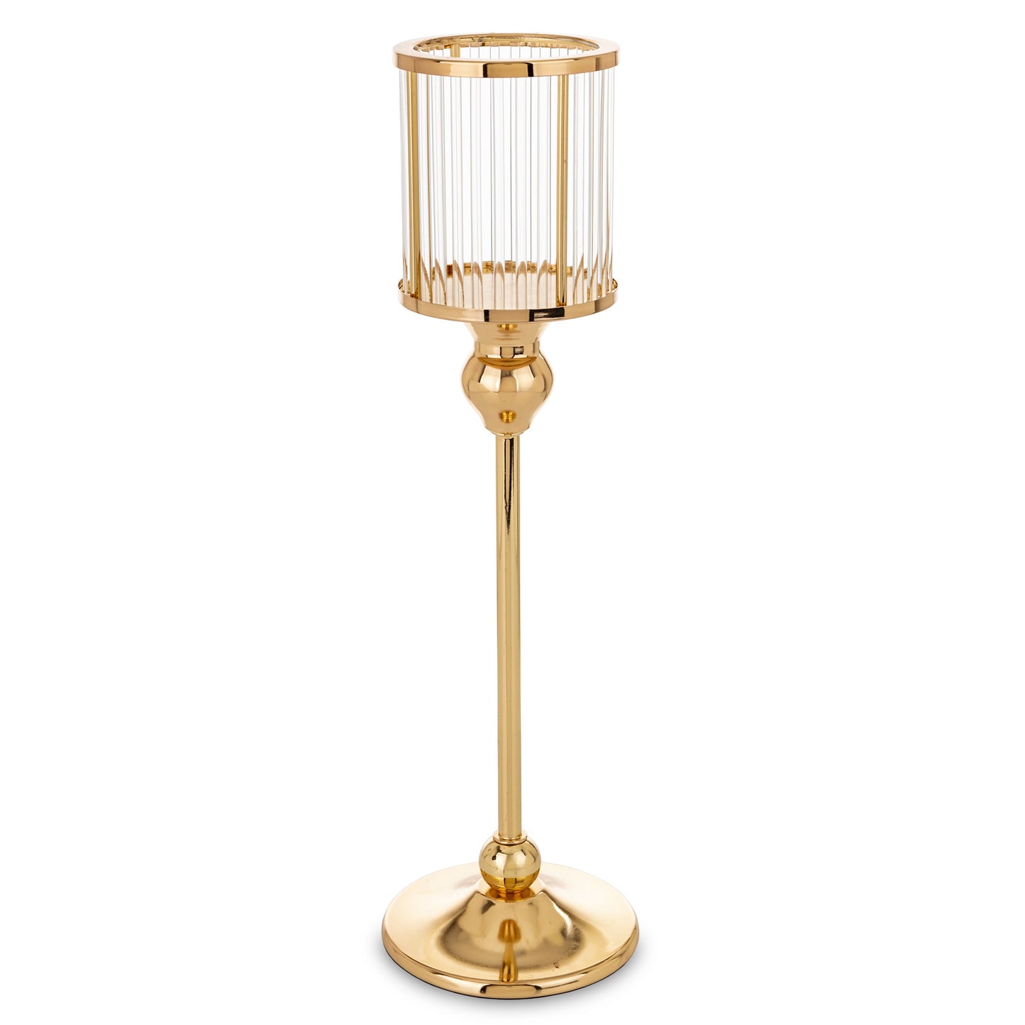 Sfeșnic decorativ mare, auriu cu detalii transparente, 36x10x10 cm, realizat din metal și sticlă, ideal pentru decor elegant și cadouri