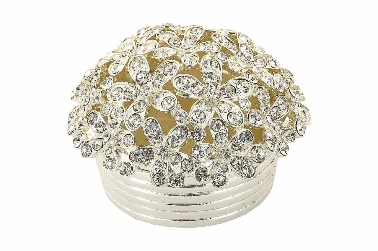 Cutie bijuterii coș din alamă cu flori și pietre 7,5x7,4x4 cm, suport elegant pentru bijuterii și cadou decorativ