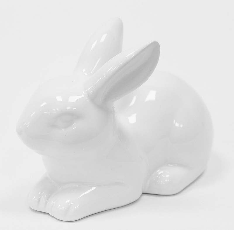 Figurină iepuraș alb ceramic decorativ, ideală Paște, primăvară, cadou sezonier și decor casă elegant și luminos.