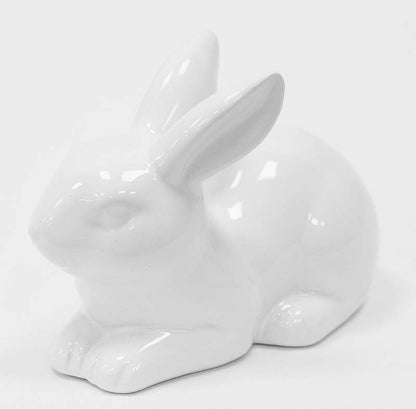 Figurină iepuraș alb ceramic decorativ, ideală Paște, primăvară, cadou sezonier și decor casă elegant și luminos.