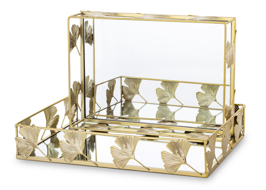 Tavă aurie ginko mică cu oglindă, 34x24x7 cm, din metal și sticlă, cu design sofisticat și natural, potrivită pentru decoruri moderne și elegante.