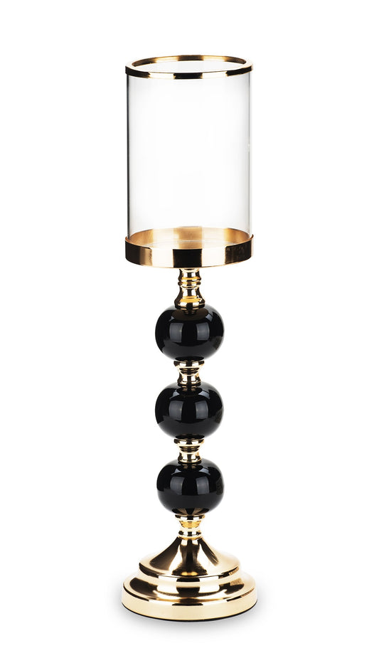 Sfeșnic din metal și sticlă, auriu cu trei bile negre, 44x11x11 cm, cu design elegant și modern, perfect pentru a adăuga stil și rafinament decorului casei, un obiect decorativ potrivit pentru living sau ocazii speciale.