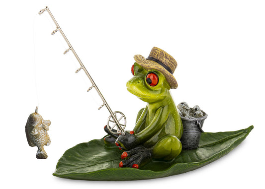 Figurină broască pescar din rășină, decor amuzant pentru casă, colecție de animale, ornament pentru birou sau living, cadou original pentru pasionați de natură și pescuit