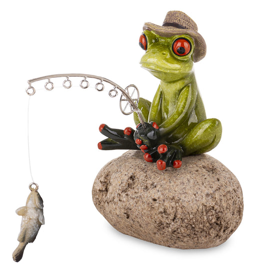Figurină broască pescar pe piatră 14x11x17 cm, decor amuzant și cadou, mentha - flori, cadouri și decorațiuni