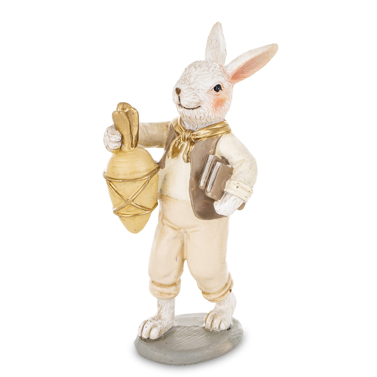 Figurină decorativă iepuraș de Paște, simbol al primăverii și al sărbătorilor pascale. Este ideală pentru decorul casei, mese festive sau vitrine decorative. O piesă clasică și elegantă pentru sezonul de Paște.