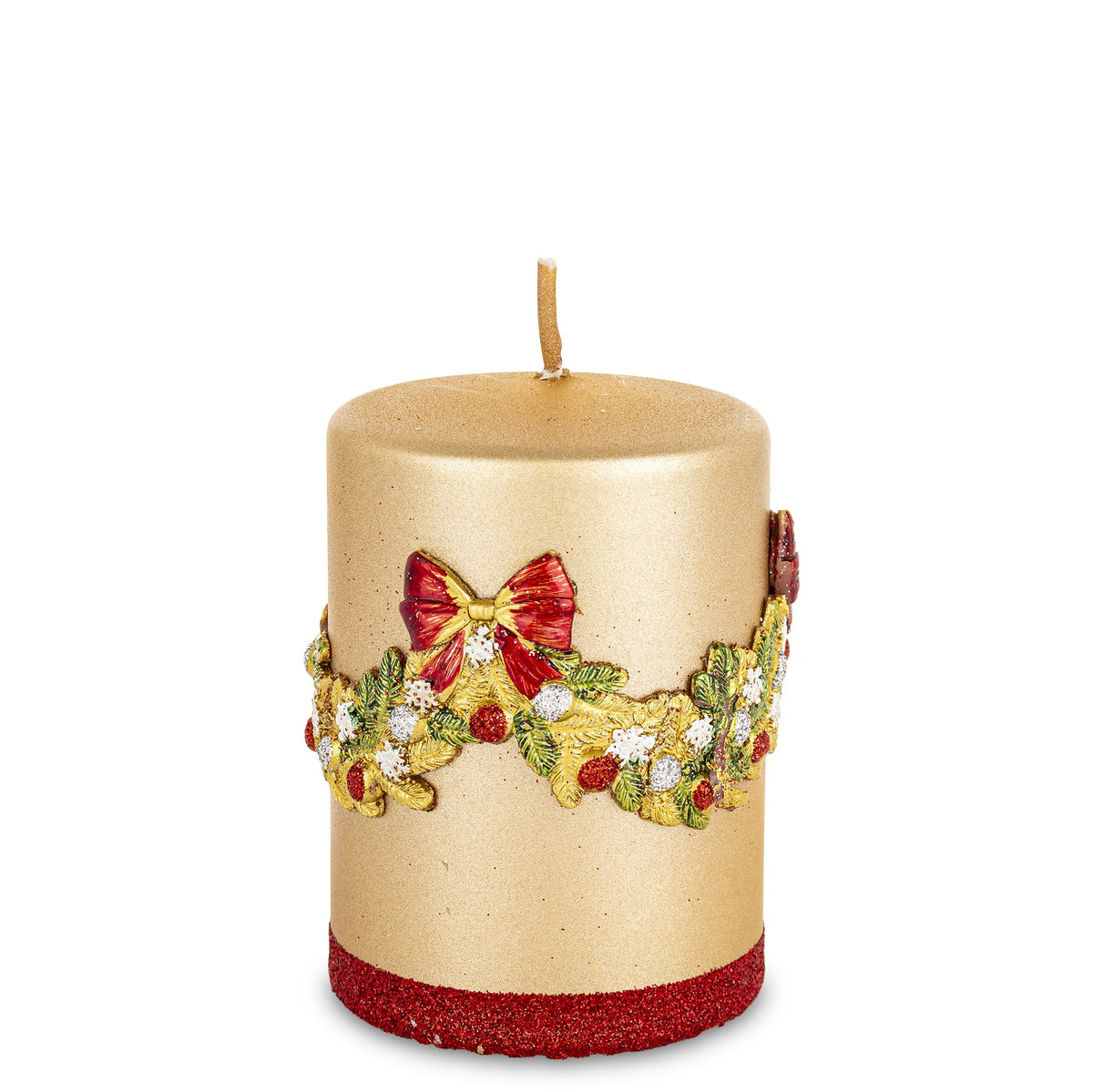 Lumânare decorativă aurie creată pentru a aduce lumină caldă și eleganță meselor de sărbători. Detaliile tip fonte îi oferă un aspect sofisticat, ideal pentru decoruri de Crăciun, aranjamente centrale sau zone de relaxare din living. Se integrează ușor în stiluri clasice sau moderne și creează o atmosferă festivă rafinată.