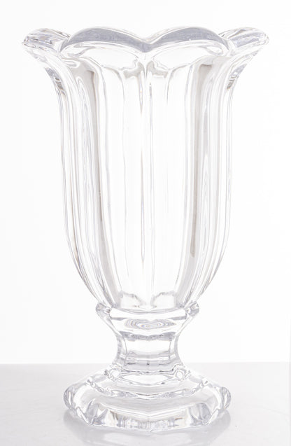Vază sticlă masivă cu picior transparent, ideală flori, decor modern și cadou elegant de casă nouă.