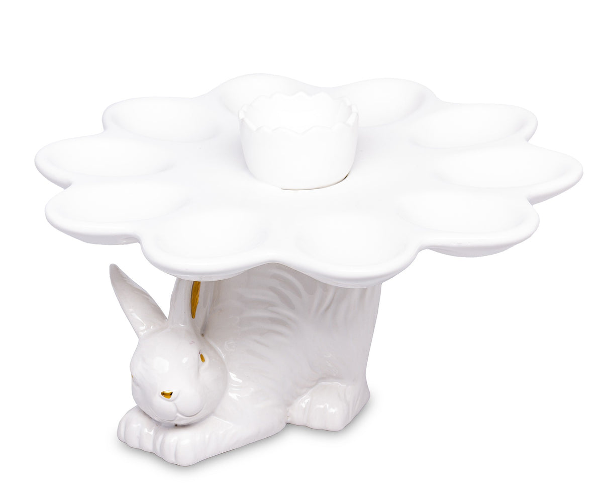 Iepure ceramică alb cu suport ouă decorativ, ideal Paște, primăvară, cadou sezonier și decor casă vesel și elegant.